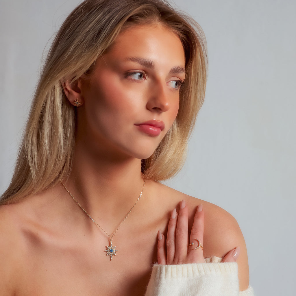 Star and Moon Birthstone Ring in 18K Gold Plated Silver