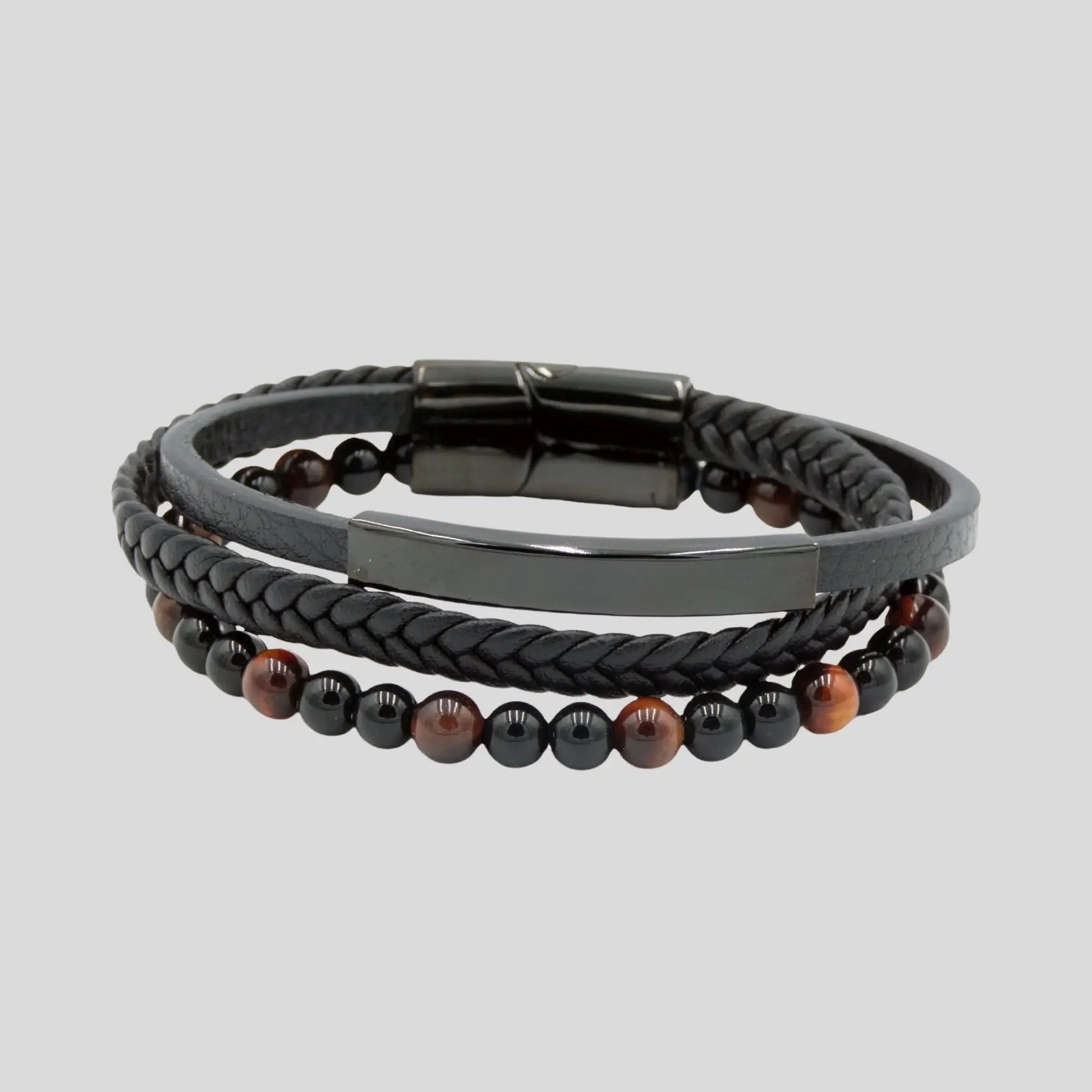 Black Agate and Tiger Eye Leather Bracelet