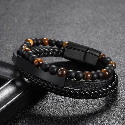 Black Agate and Tiger Eye Leather Bracelet