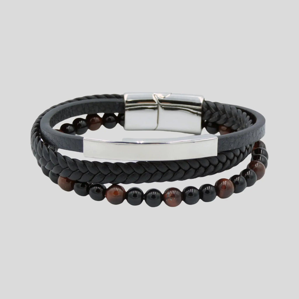 Black Agate and Tiger Eye Multi Bracelet with Silver Clasp
