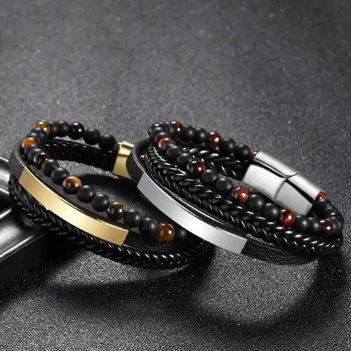 Black Agate and Tiger Eye Multi Bracelet with Silver Clasp