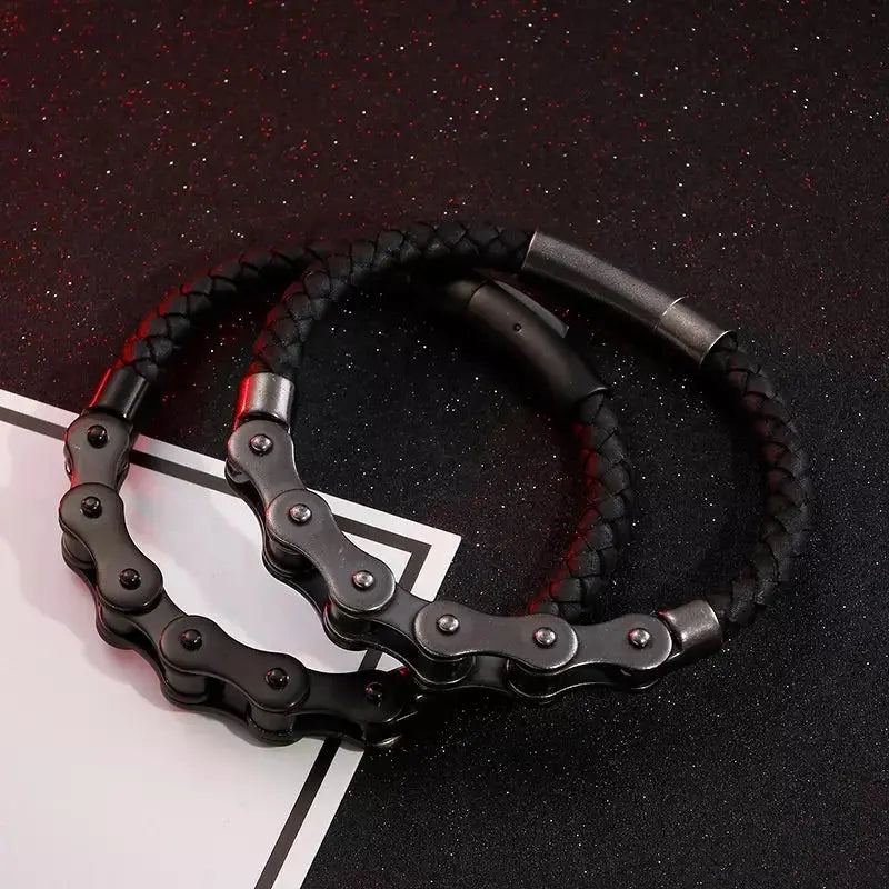 Black Bicycle Chain Stainless Steel and Leather Bracelet