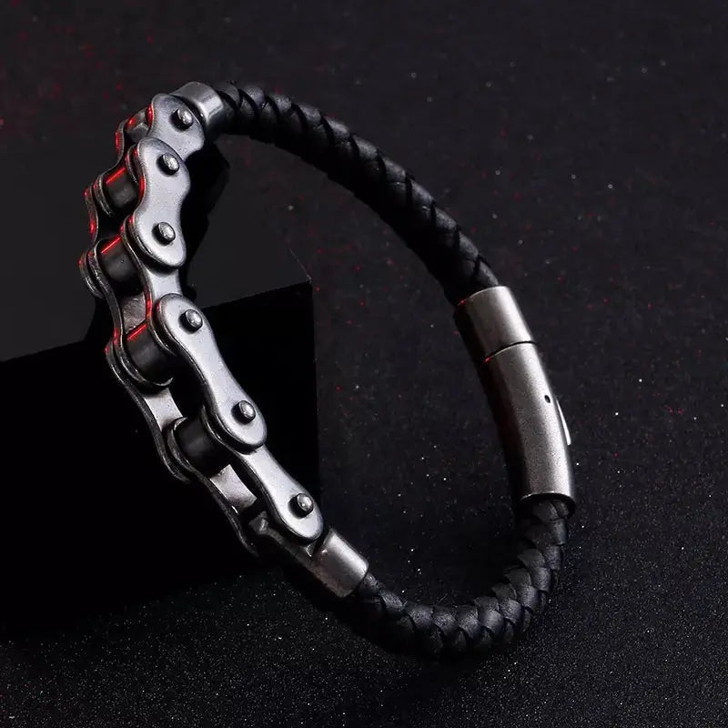 Black Bicycle Chain Stainless Steel and Leather Bracelet