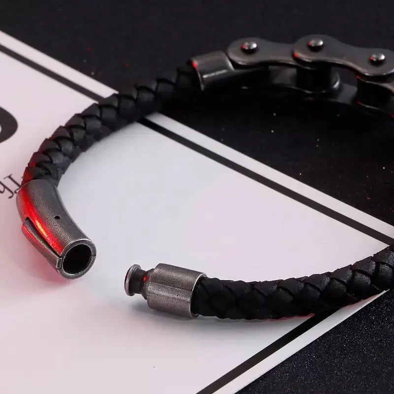 Black Bicycle Chain Stainless Steel and Leather Bracelet