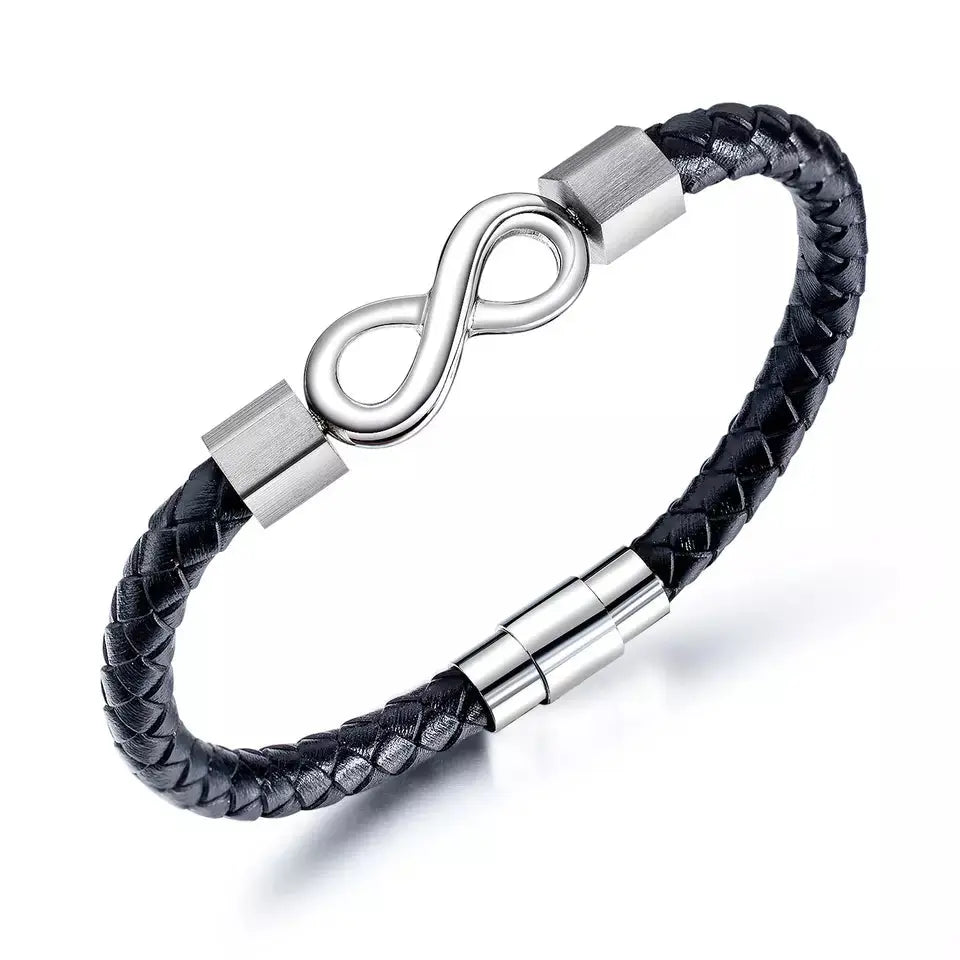 Black Braided Leather Infinity Bracelet with Stainless Steel Clasp