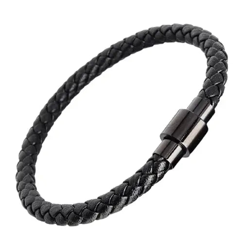 Black Genuine Leather Bracelet with Magnetic Clasp