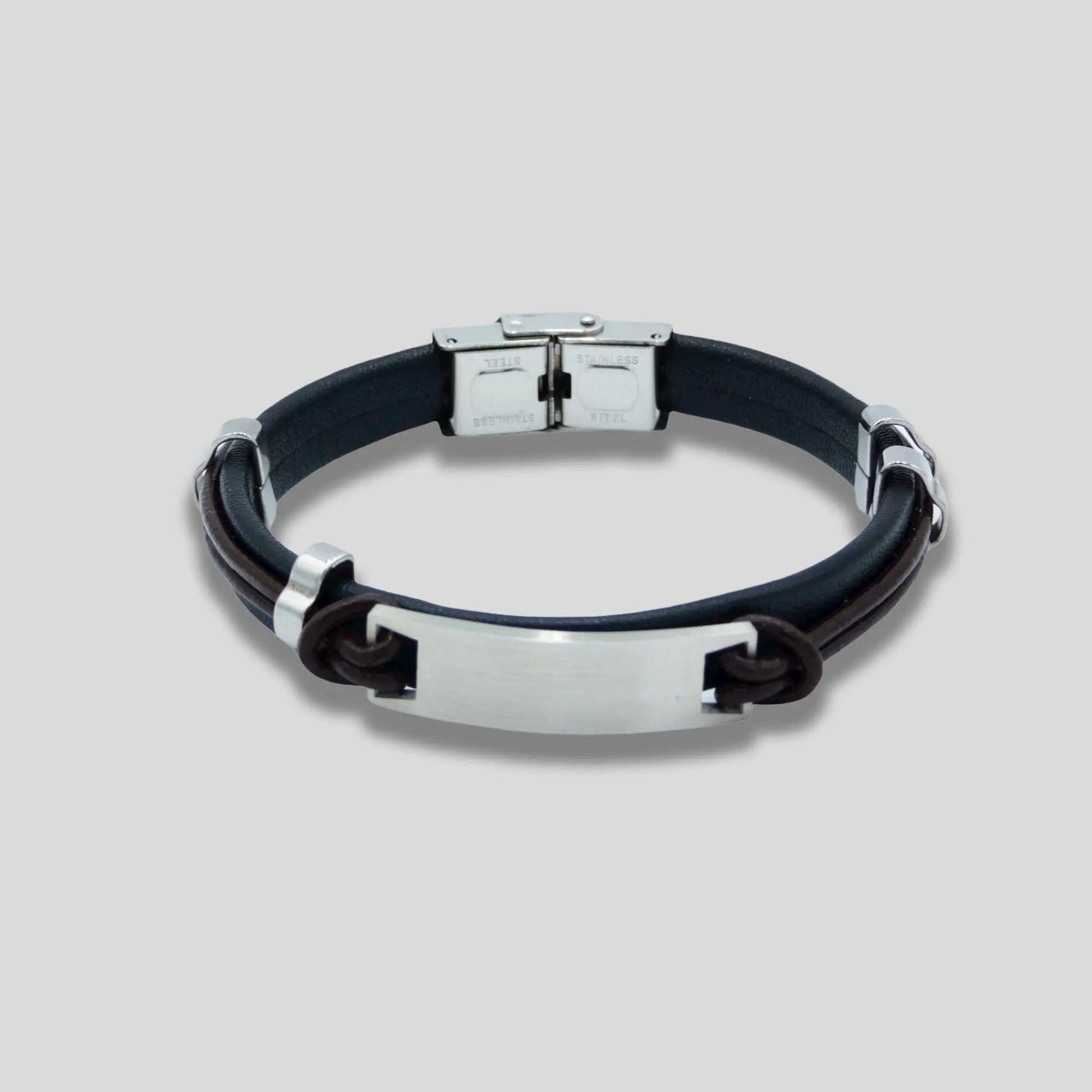 Black Leather Bracelet with Silver Plate