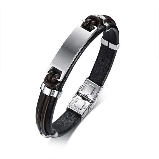 Black Leather Bracelet with Silver Plate