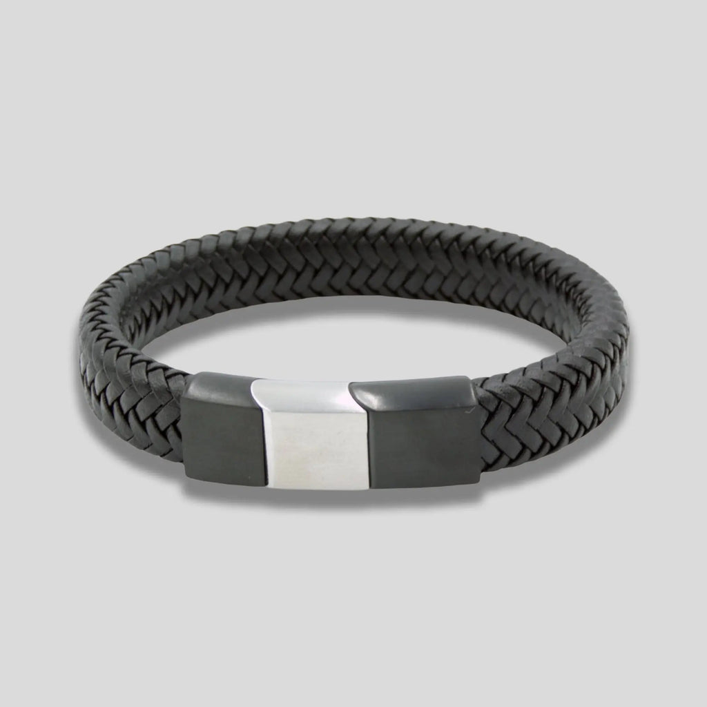 Black Leather Bracelet with Magnetic Silver Clasp