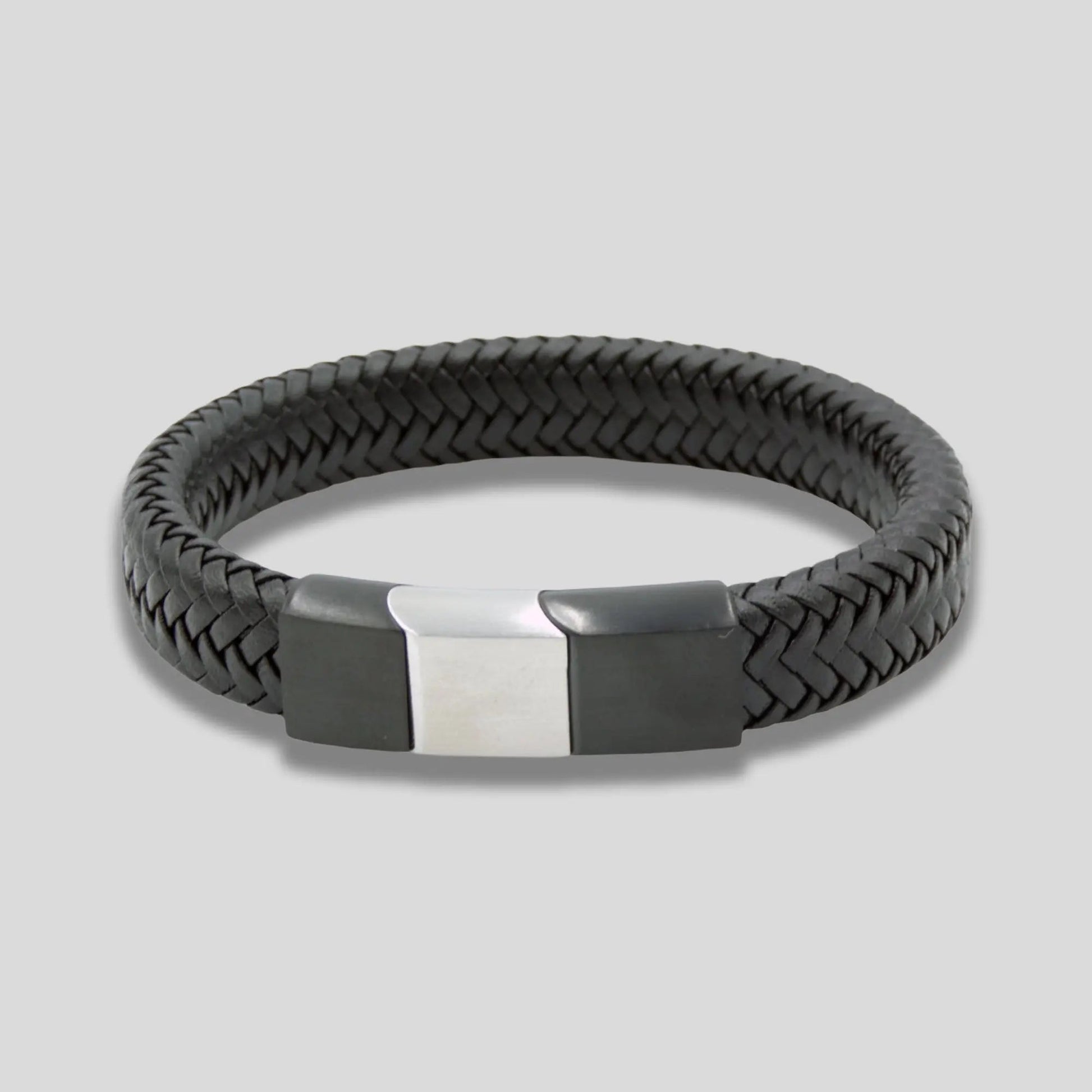 Black Leather Bracelet with Magnetic Silver Clasp