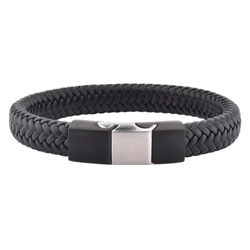 Black Leather Bracelet with Magnetic Silver Clasp