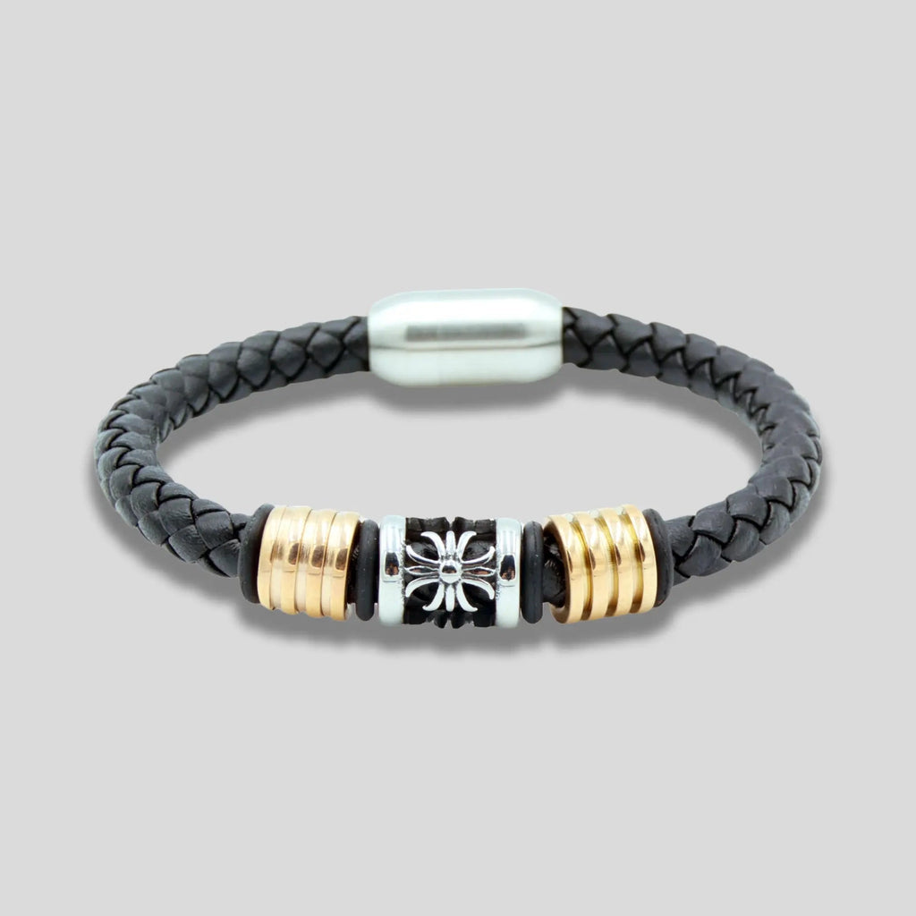 Black Leather Bracelet with Silver and Rose Gold Charms