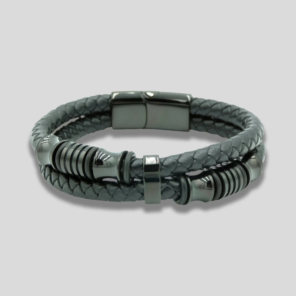 Black Leather Braided Bracelet with Charms