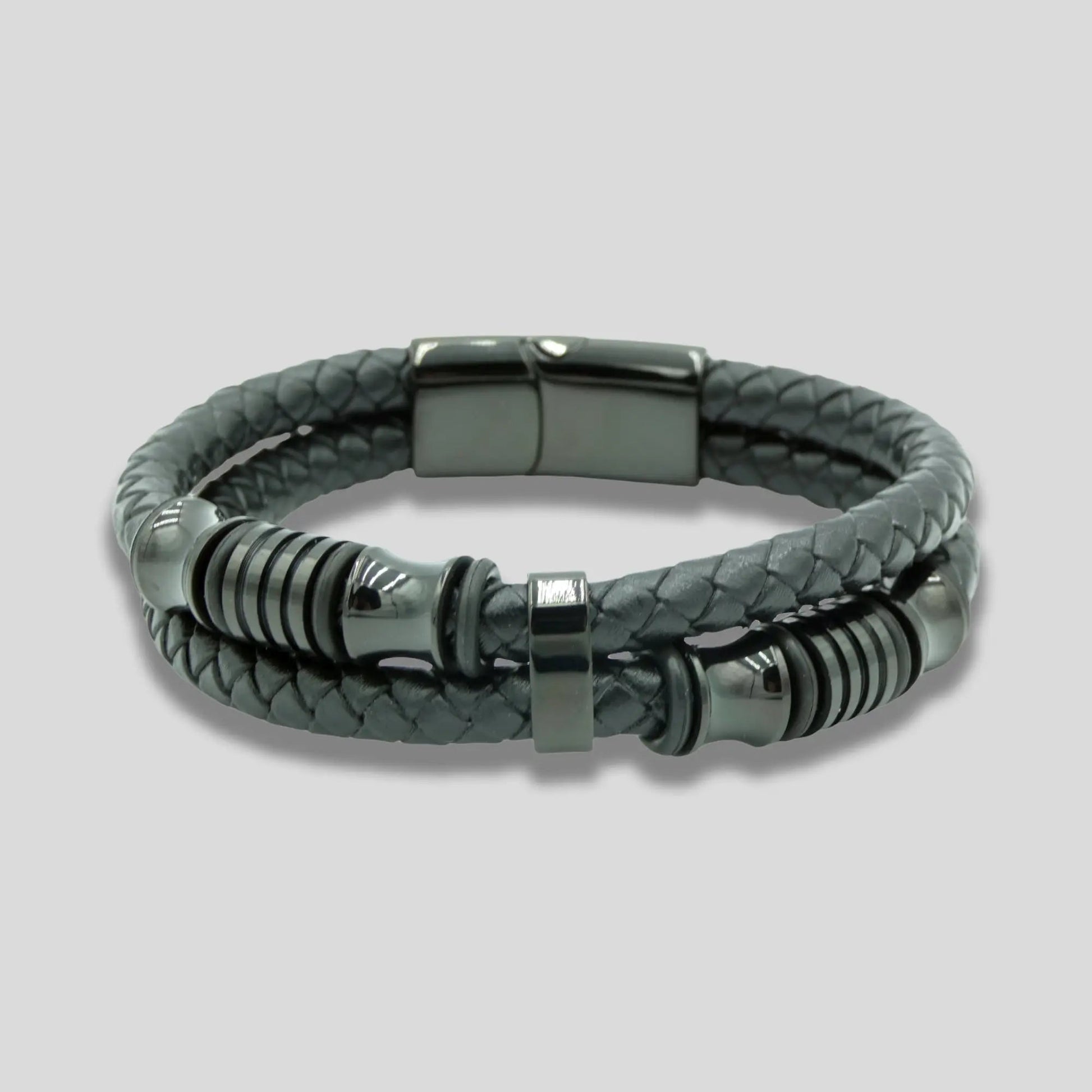 Black Leather Braided Bracelet with Charms