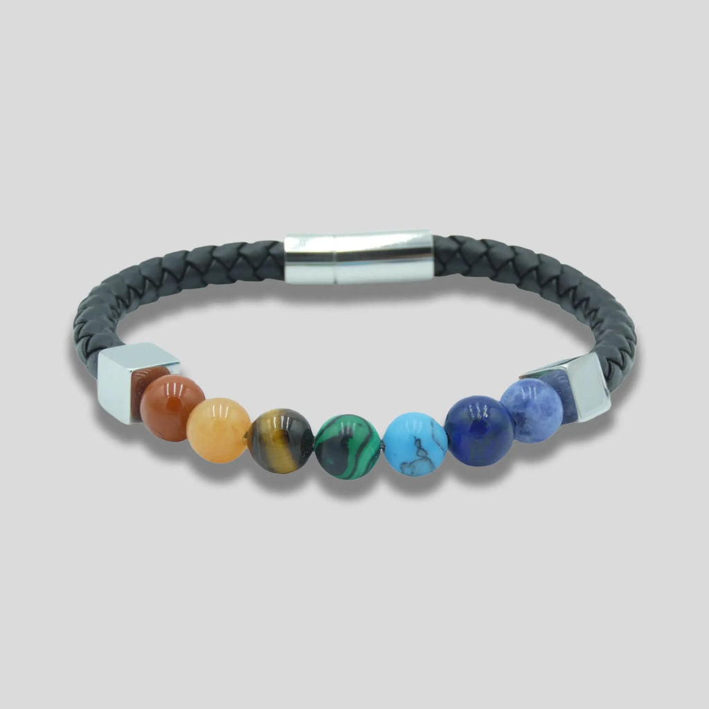 Black Leather Multi Bead Bracelet for Men