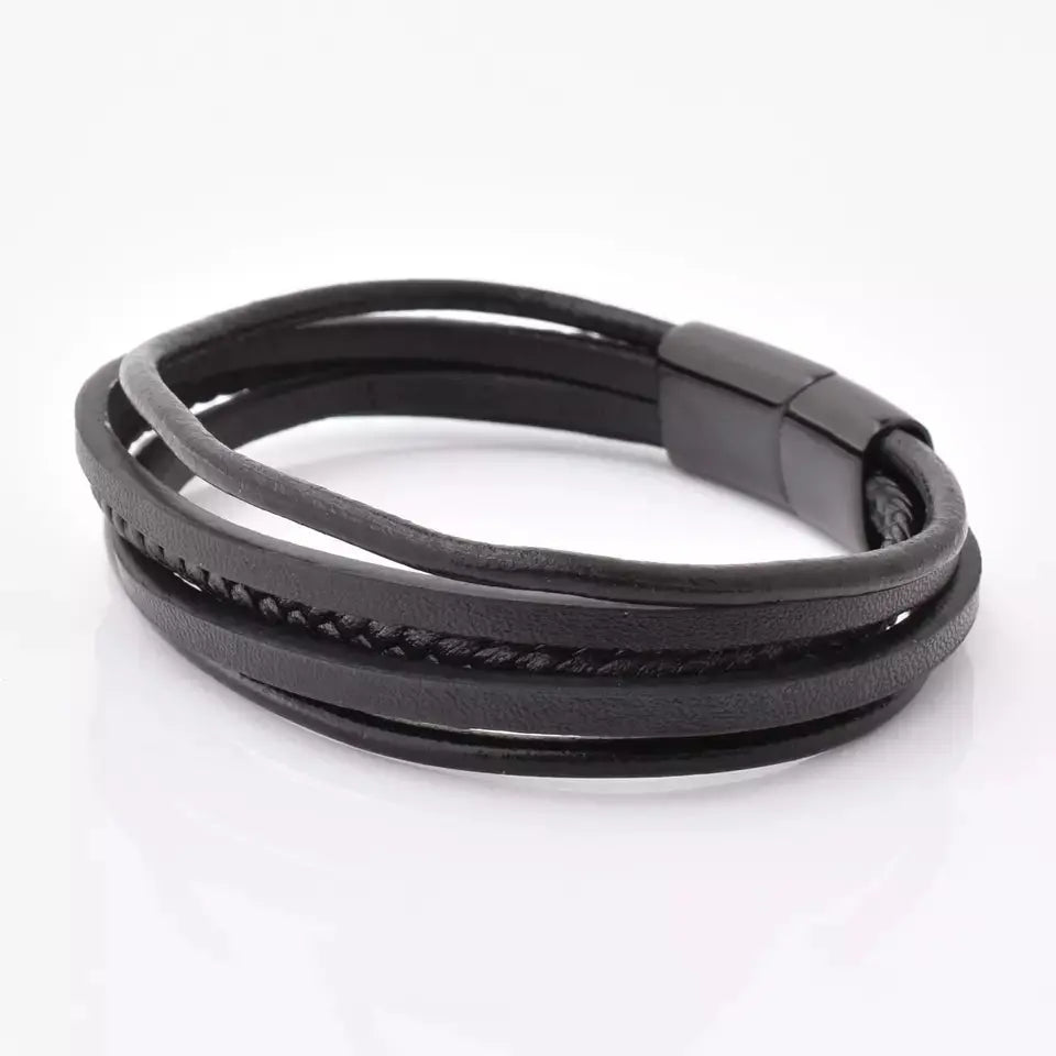 Black Multi Layer Leather Bracelet with Silver Clasp