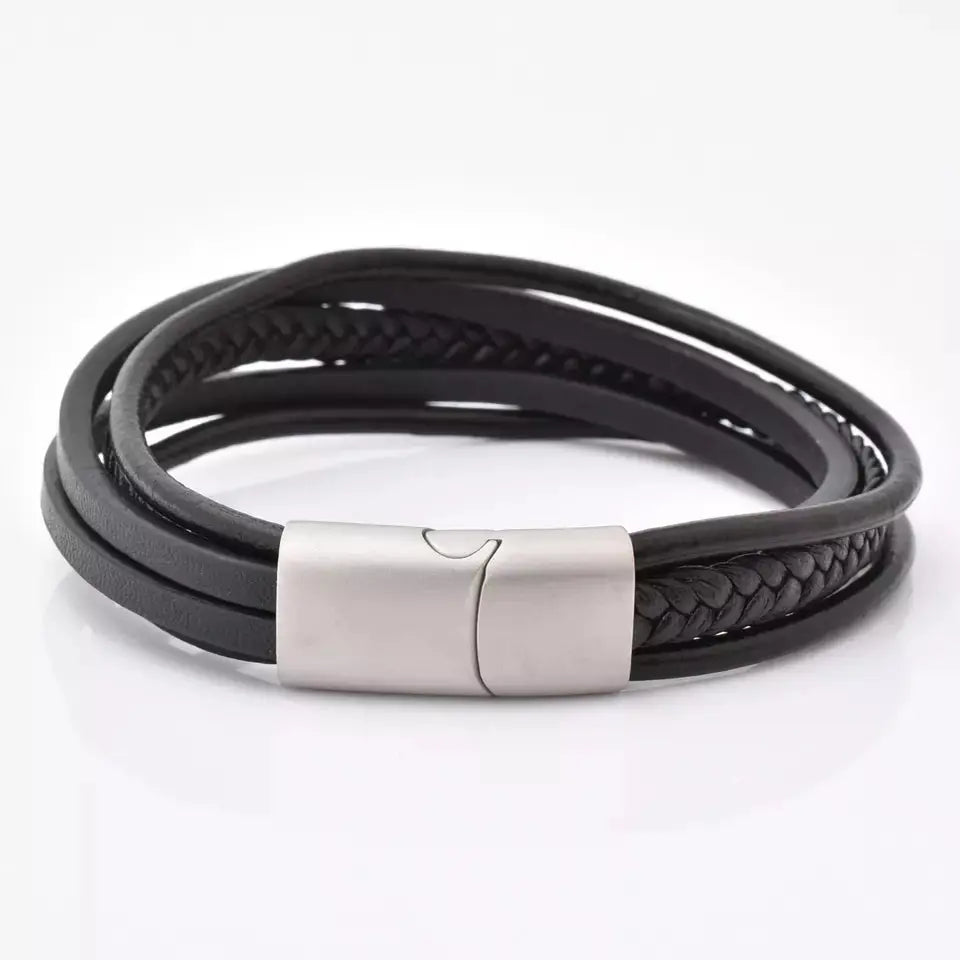Black Multi Layer Leather Bracelet with Silver Clasp