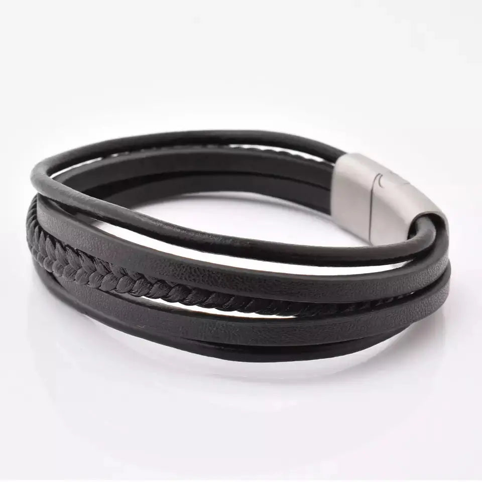 Black Multi Layer Leather Bracelet with Silver Clasp