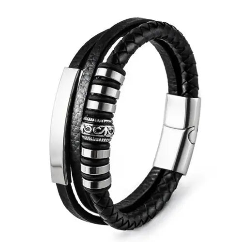 Black Multi Layer Leather Bracelet with Silver Charms