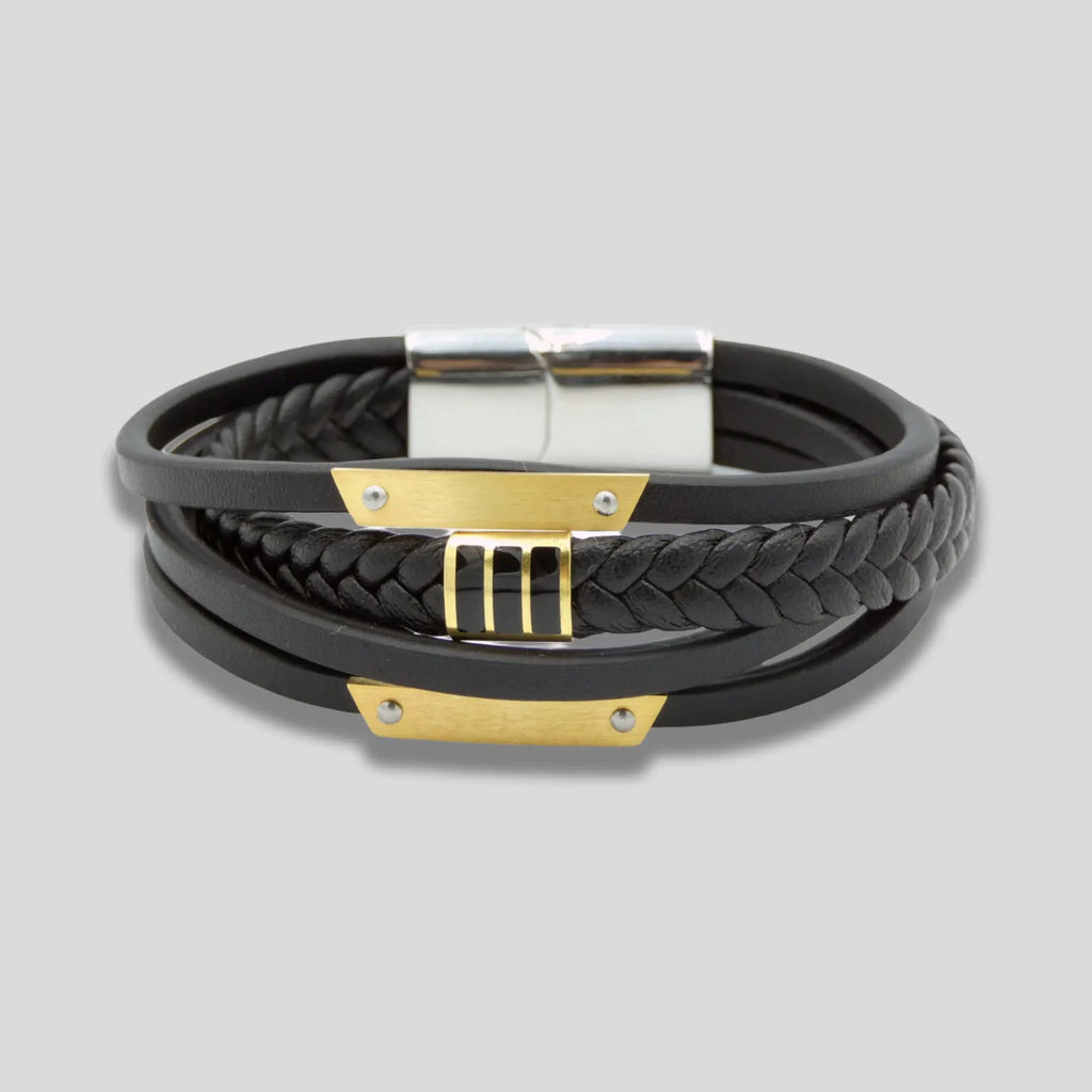 Black and Gold Plated Leather Men's Bracelet