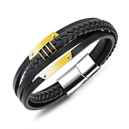 Black and Gold Plated Leather Men's Bracelet