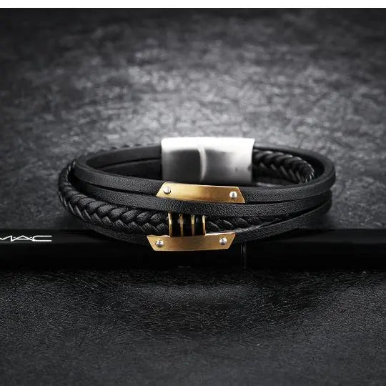 Black and Gold Plated Leather Men's Bracelet