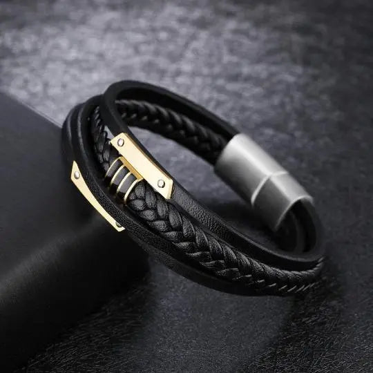 Black and Gold Plated Leather Men's Bracelet