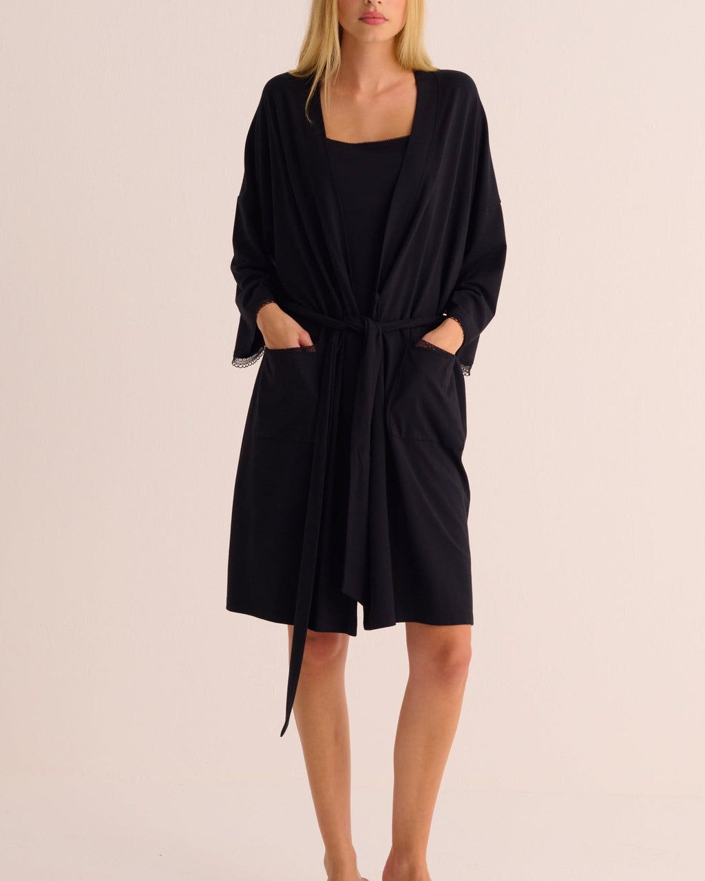 Black Modal Jersey Kimono with Lace Trim