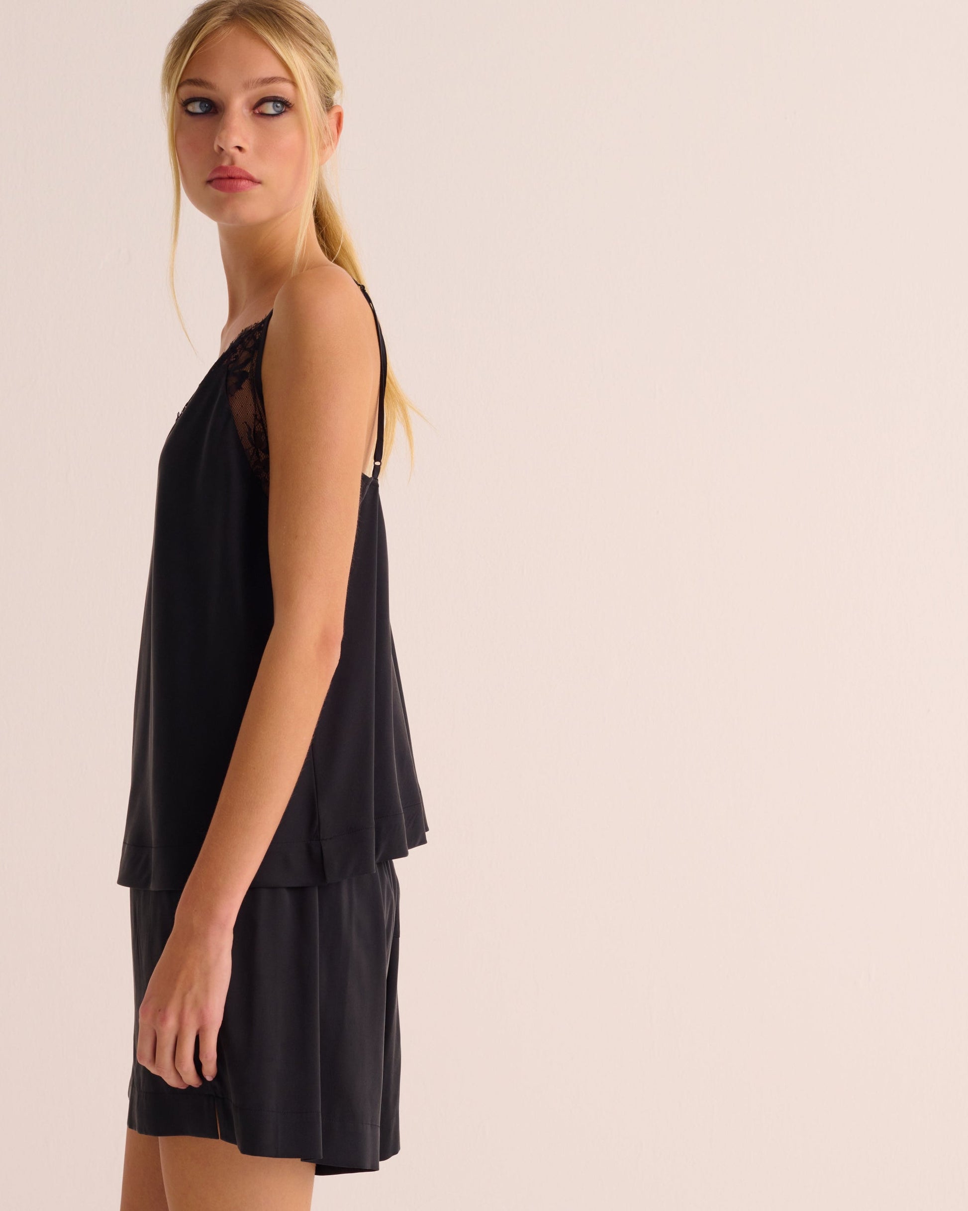 Black Washable Organic Stretch Silk Camisole with Lace