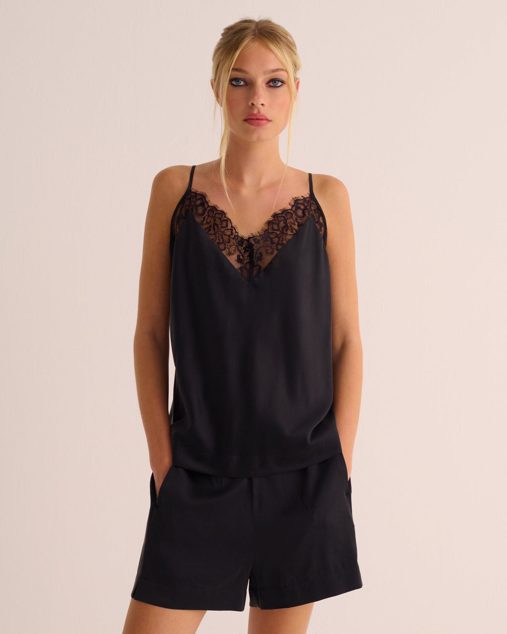 Black Washable Organic Stretch Silk Camisole with Lace