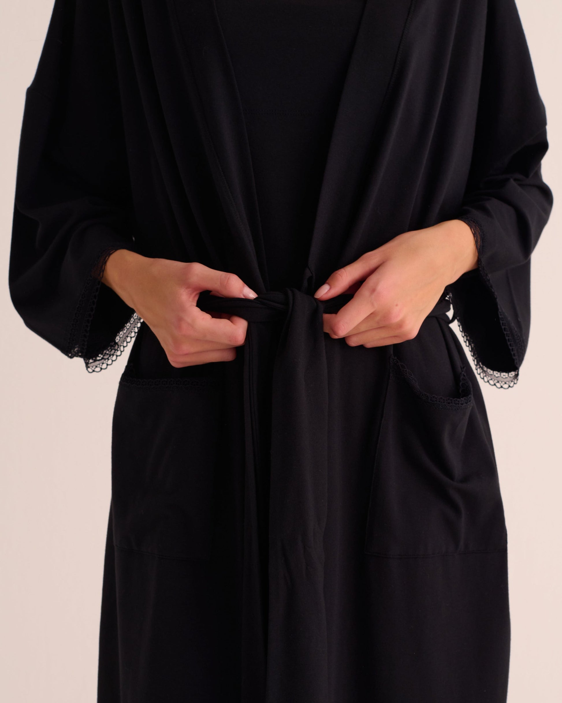 Black Modal Jersey Kimono with Lace Trim