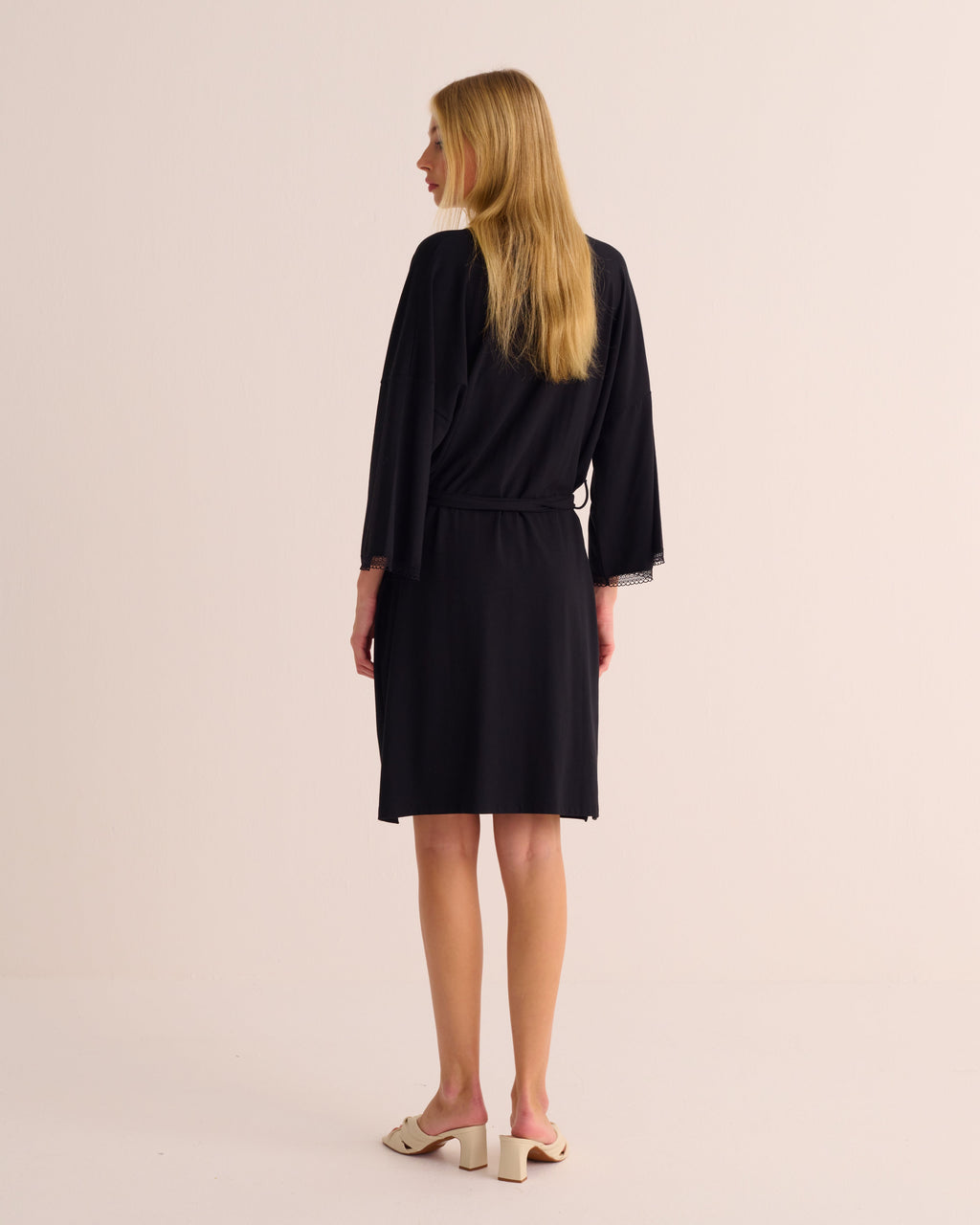 Black Modal Jersey Kimono with Lace Trim