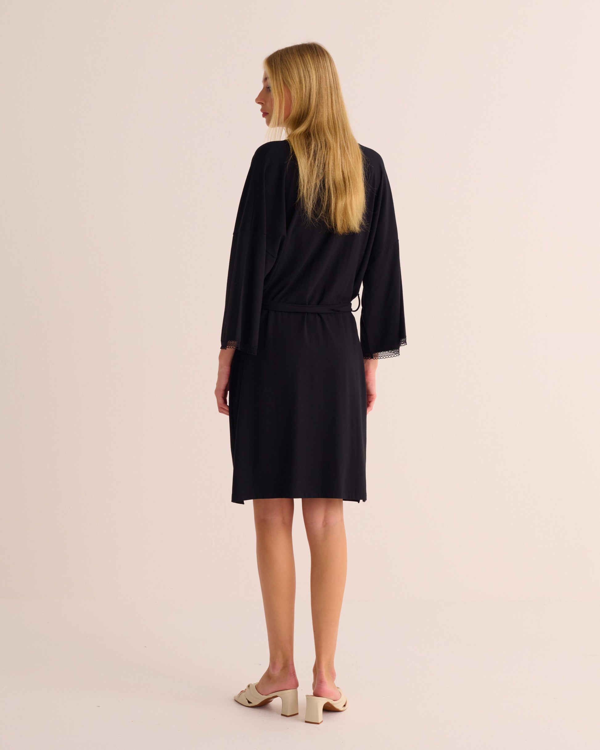 Black Modal Jersey Kimono with Lace Trim