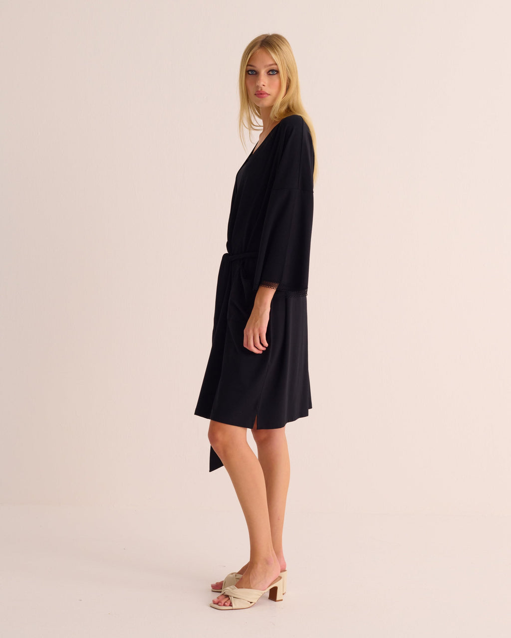Black Modal Jersey Kimono with Lace Trim