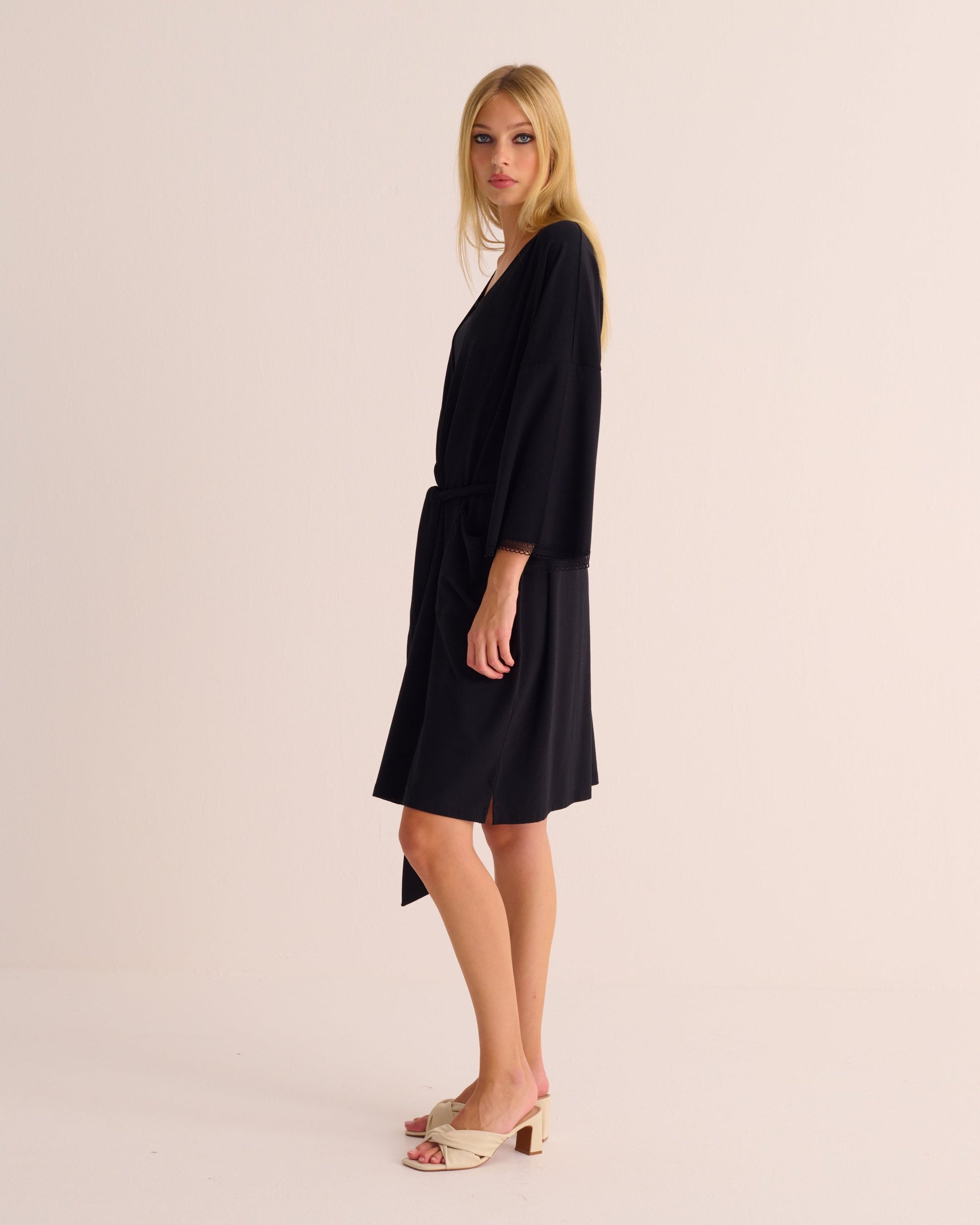 Black Modal Jersey Kimono with Lace Trim