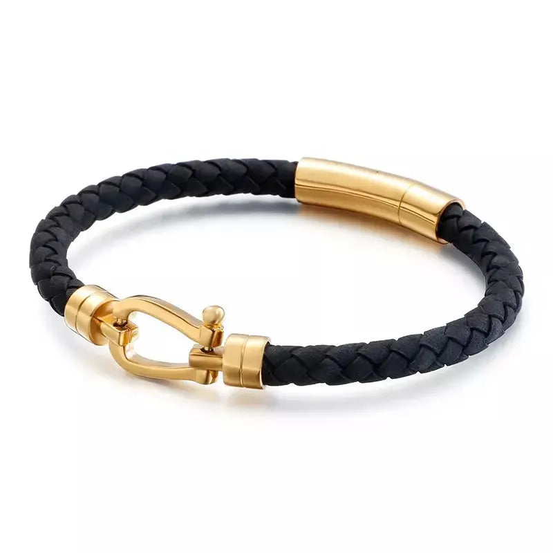 Gold and Black Leather Bracelet