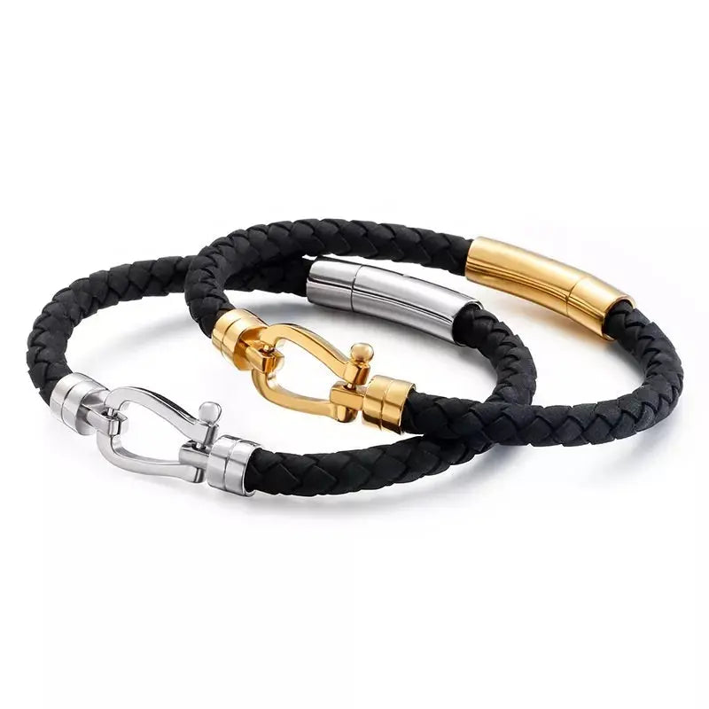 Gold and Black Leather Bracelet