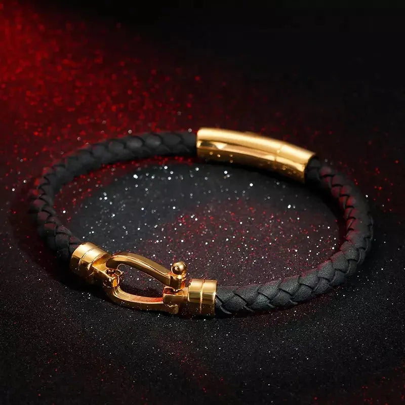 Gold and Black Leather Bracelet