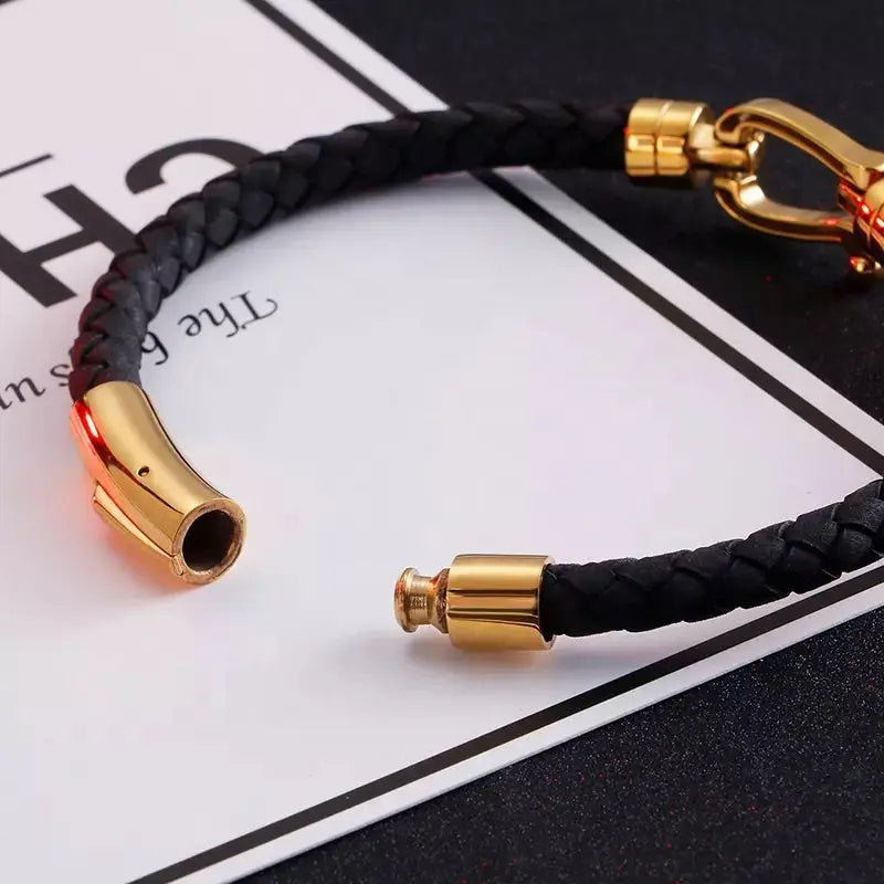 Gold and Black Leather Bracelet