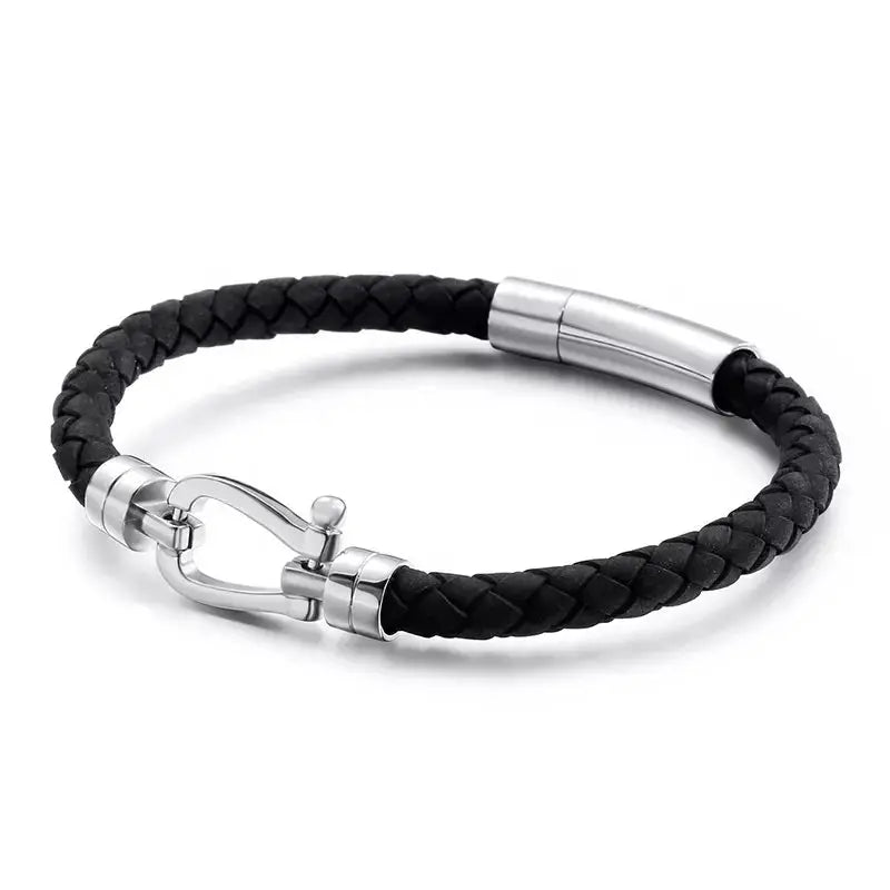 Silver and Black Leather Bracelet
