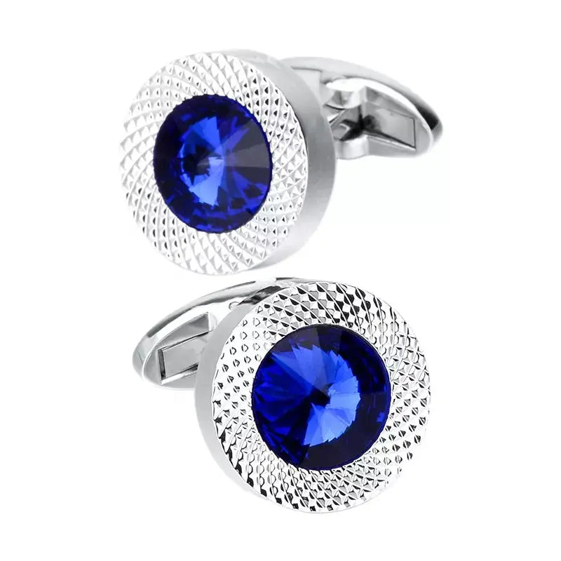 Silver Blue Crystal Round Cufflinks