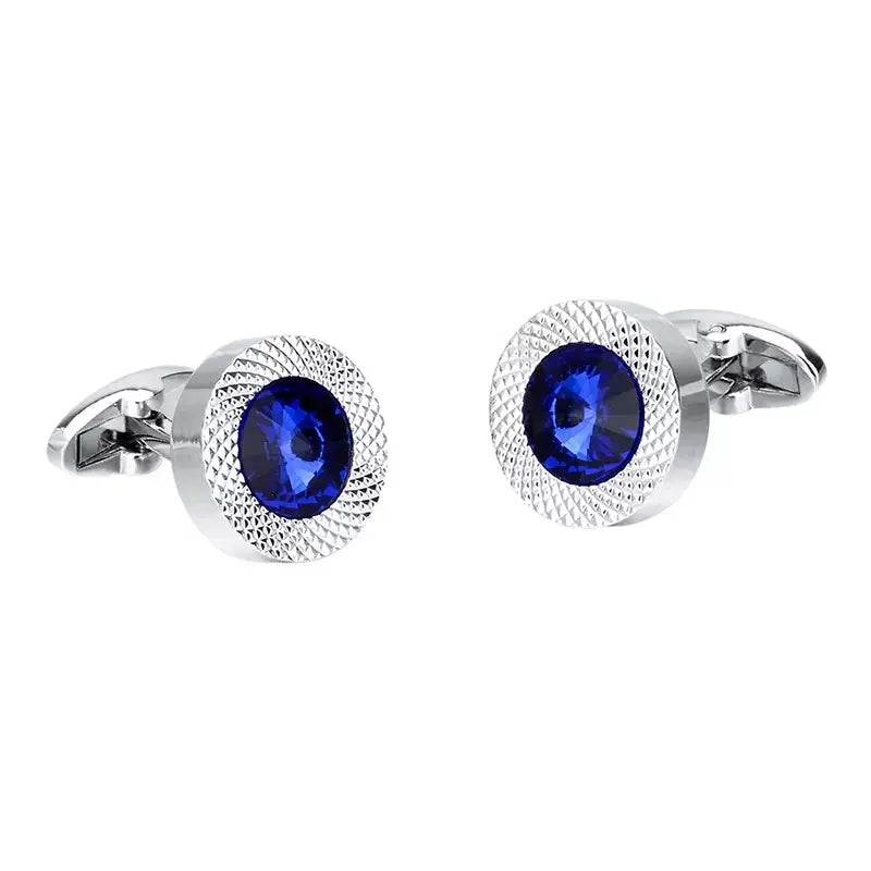 Silver Blue Crystal Round Cufflinks