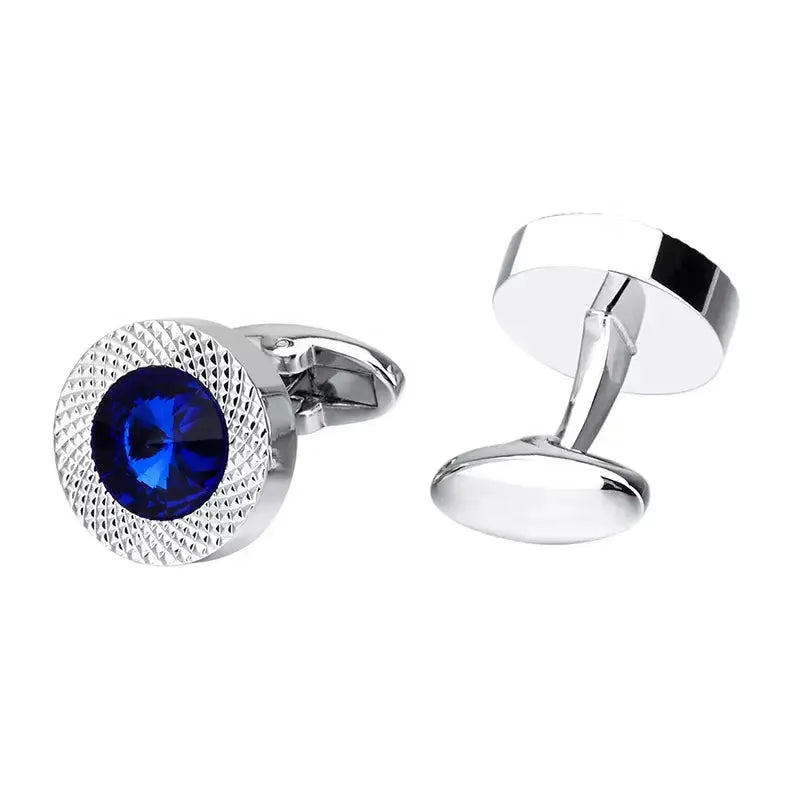 Silver Blue Crystal Round Cufflinks