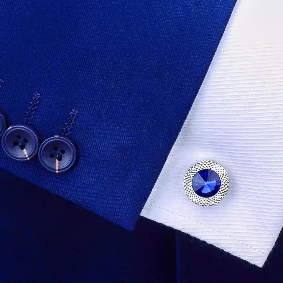 Silver Blue Crystal Round Cufflinks