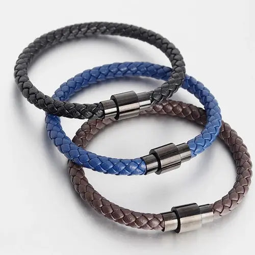 Blue Genuine Leather Bracelet with Magnetic Clasp