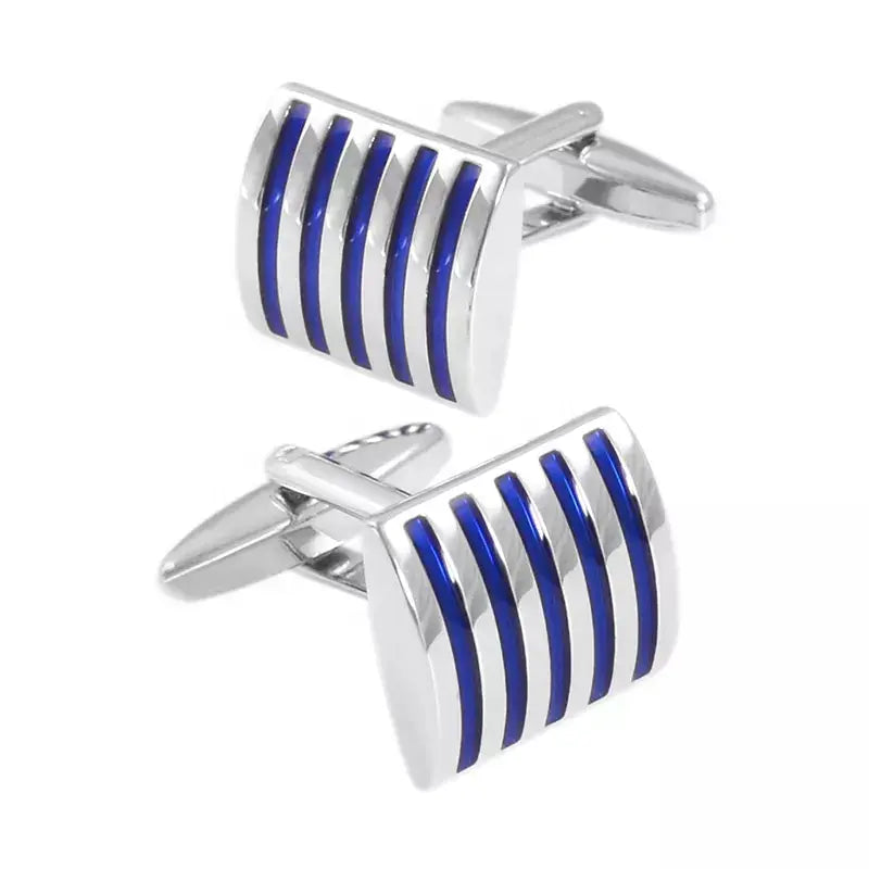 Blue Stripe Curved Cufflinks in Silver