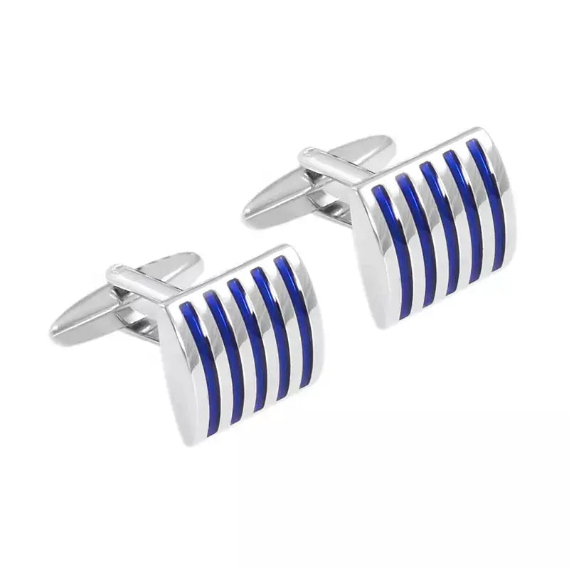 Blue Stripe Curved Cufflinks in Silver