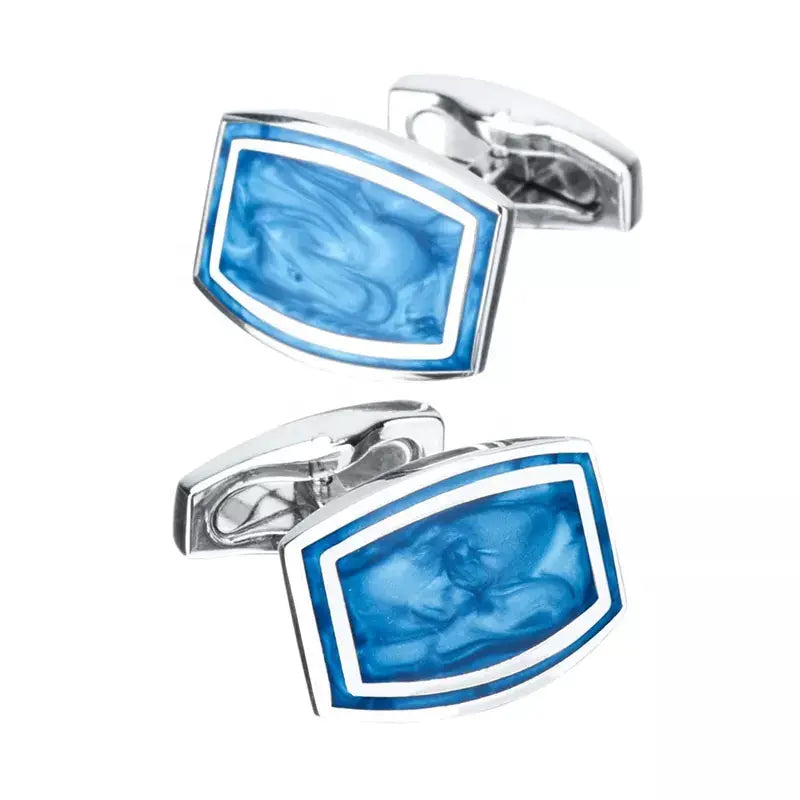 Blue Marble Oblong Cufflinks in Silver