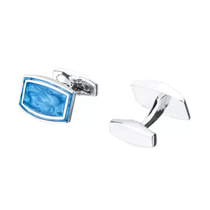 Blue Marble Oblong Cufflinks in Silver