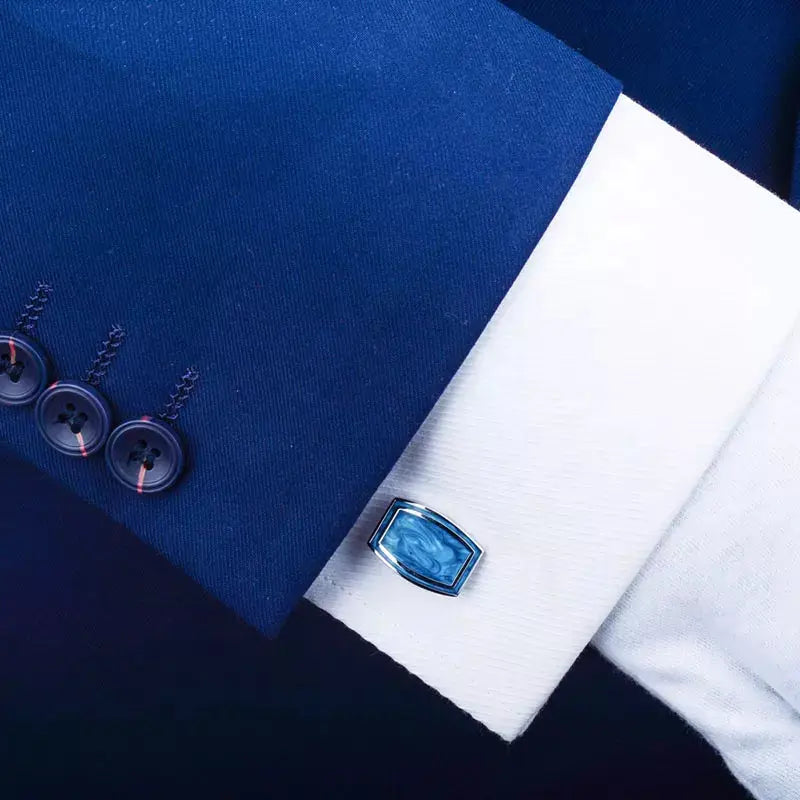 Blue Marble Oblong Cufflinks in Silver